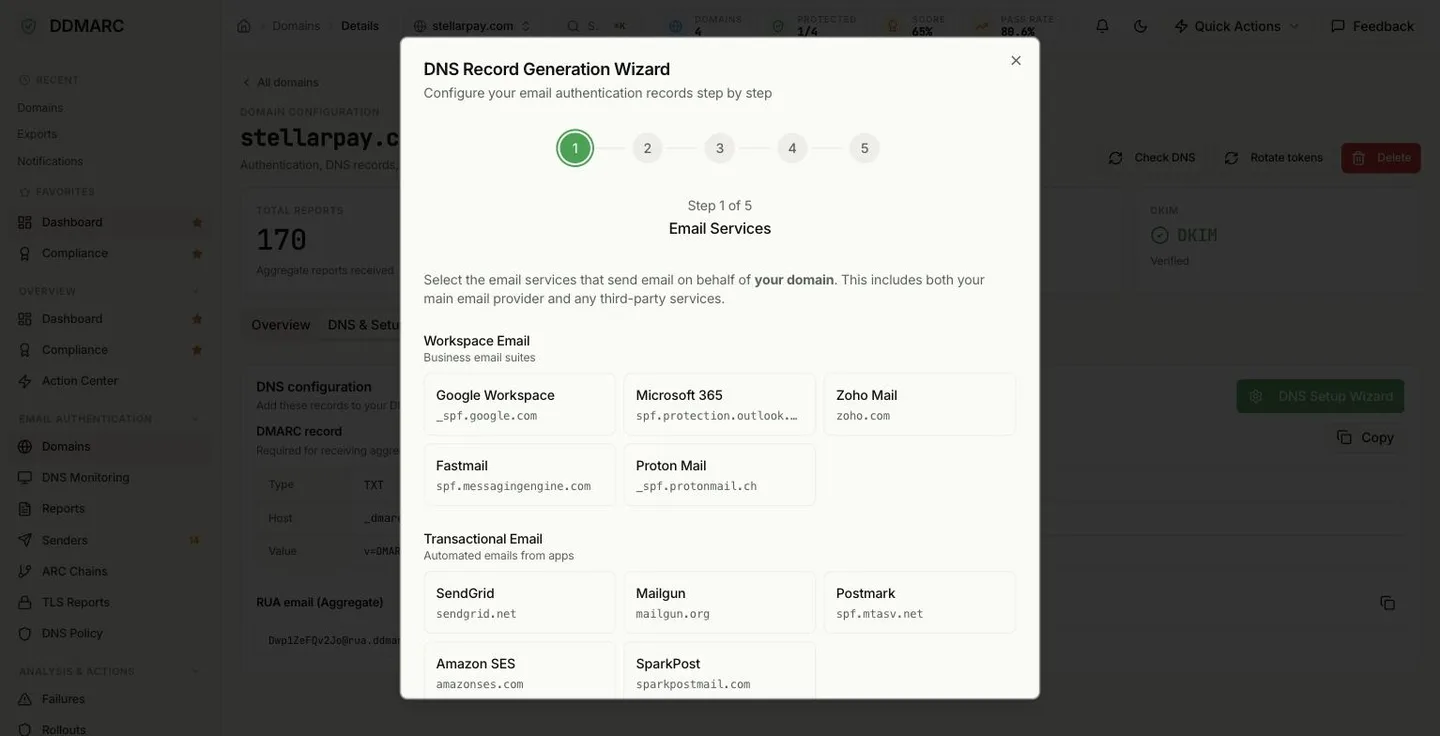 Step one of the DDMARC DNS Setup Wizard, where you pick the email services that send mail for the domain.