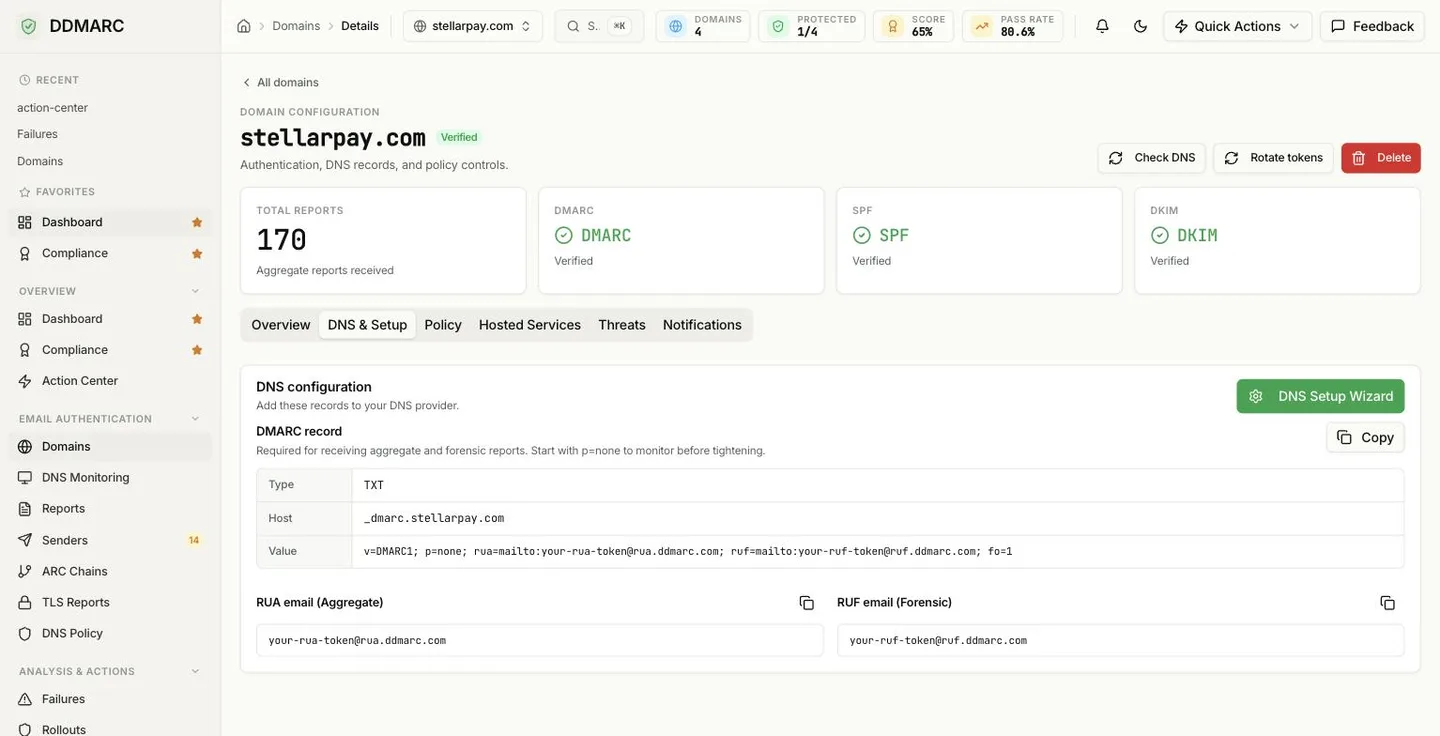 The DNS & Setup tab of a domain in DDMARC, showing the generated DMARC TXT record along with the domain's RUA and RUF reporting addresses.